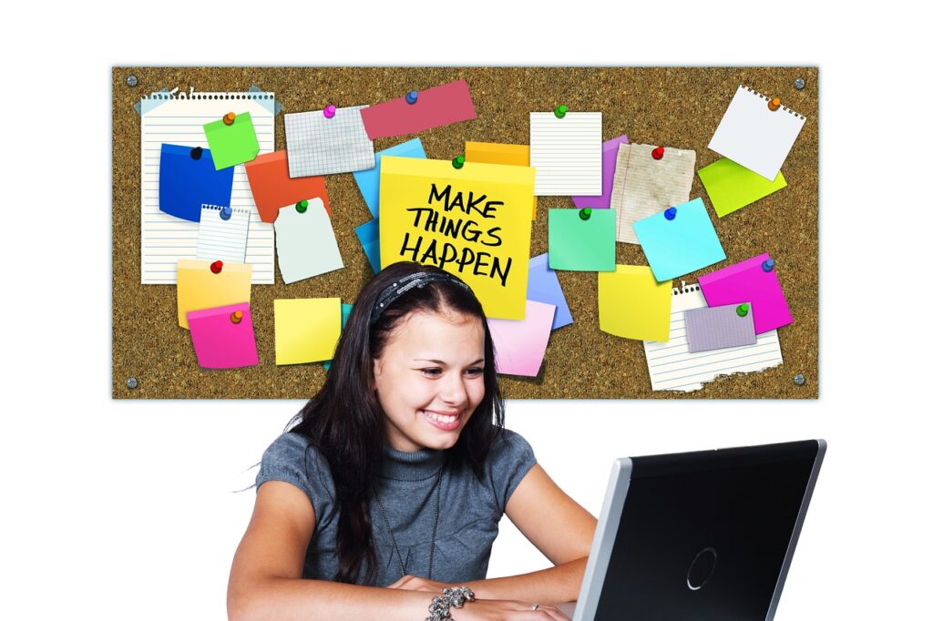 girl, working, sticky notes